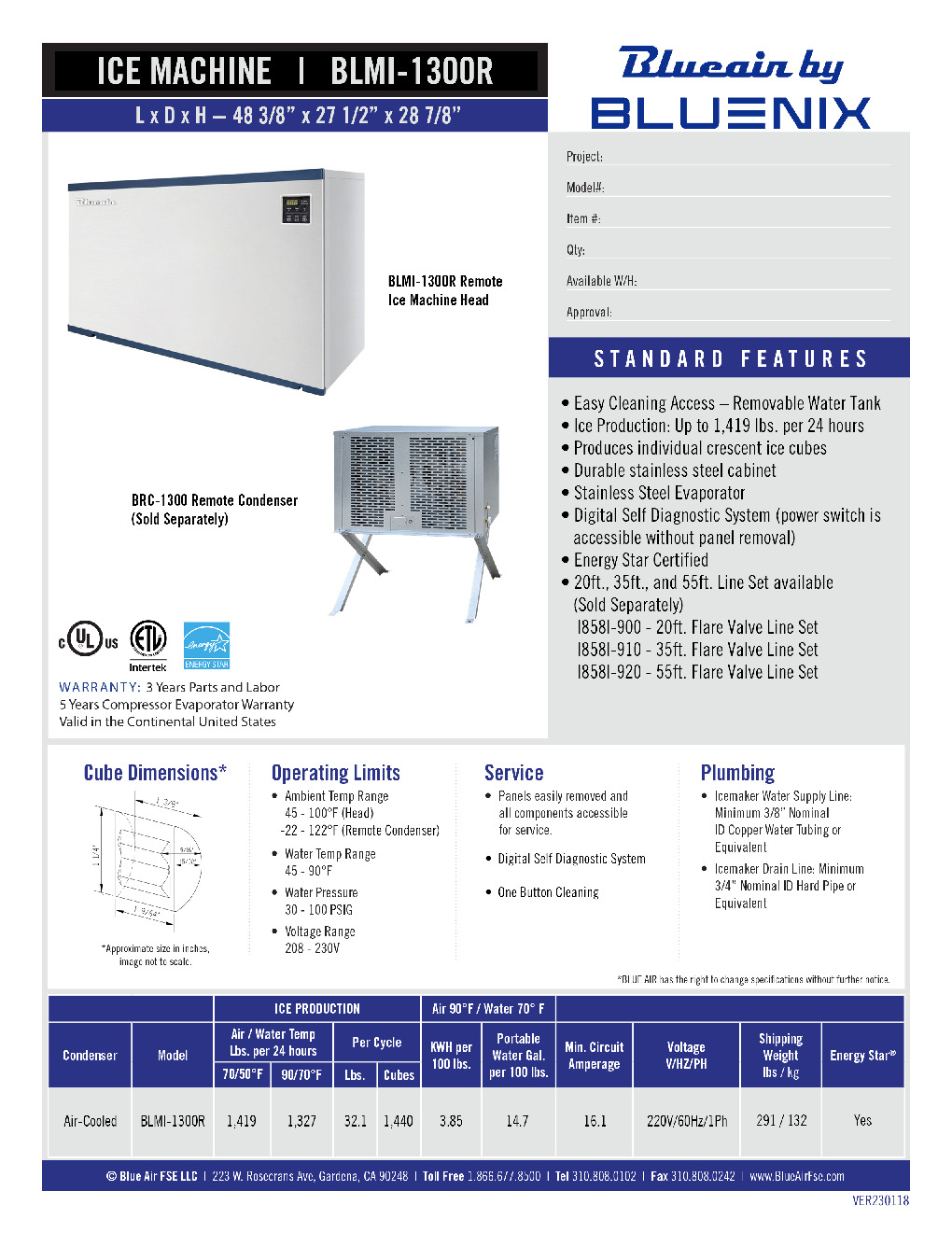 Blue Air BLMI-1300R Crescent-Style Cube Ice Maker