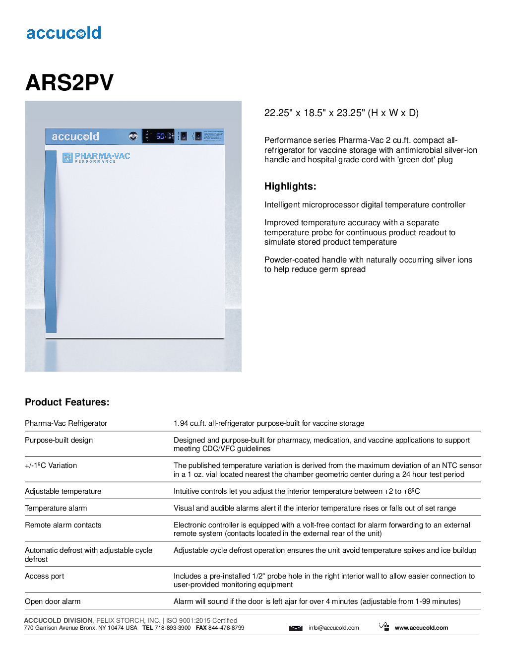 Accucold ARS2PV Medical Refrigerator