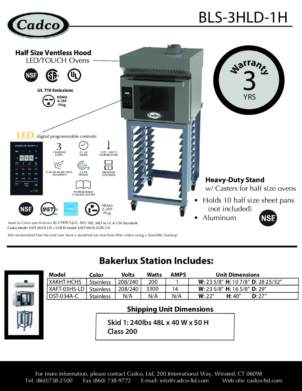 Cadco BLS-3HLD-1H Single-Deck Electric Convection Oven w/ Digital Touch Controls, Half-Size