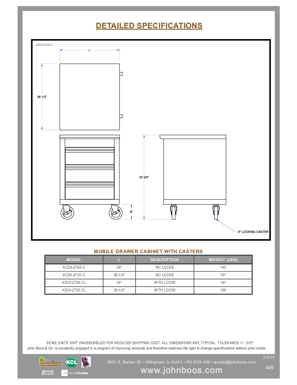 John Boos 4CD4-2724-C Mobile Drawer Cabinet