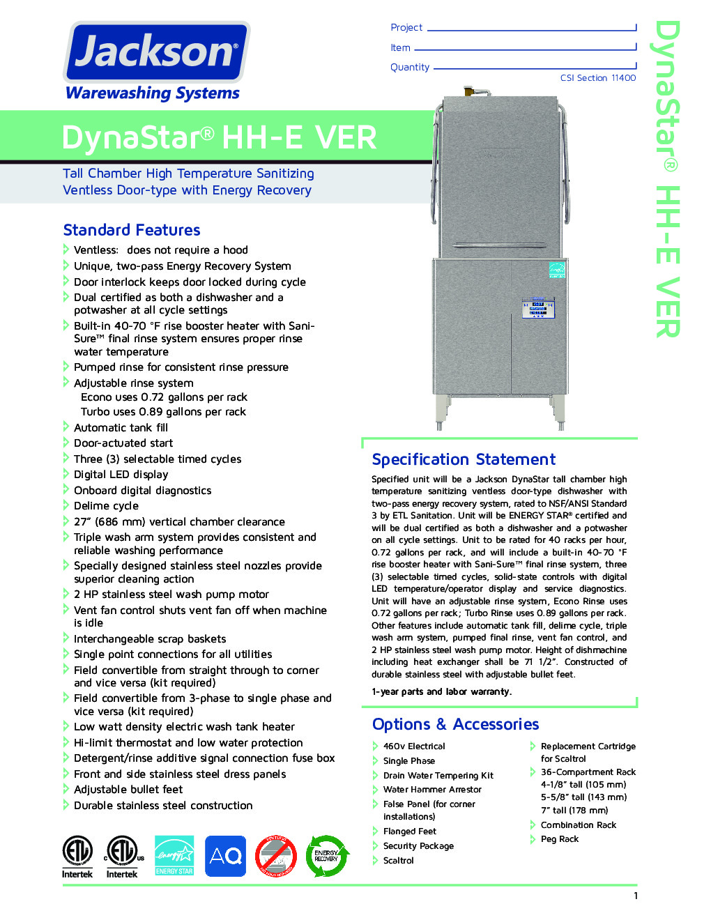 Jackson WWS DYNASTAR HH-E VENTLESS (VER) Ventless Door Type Dishwasher