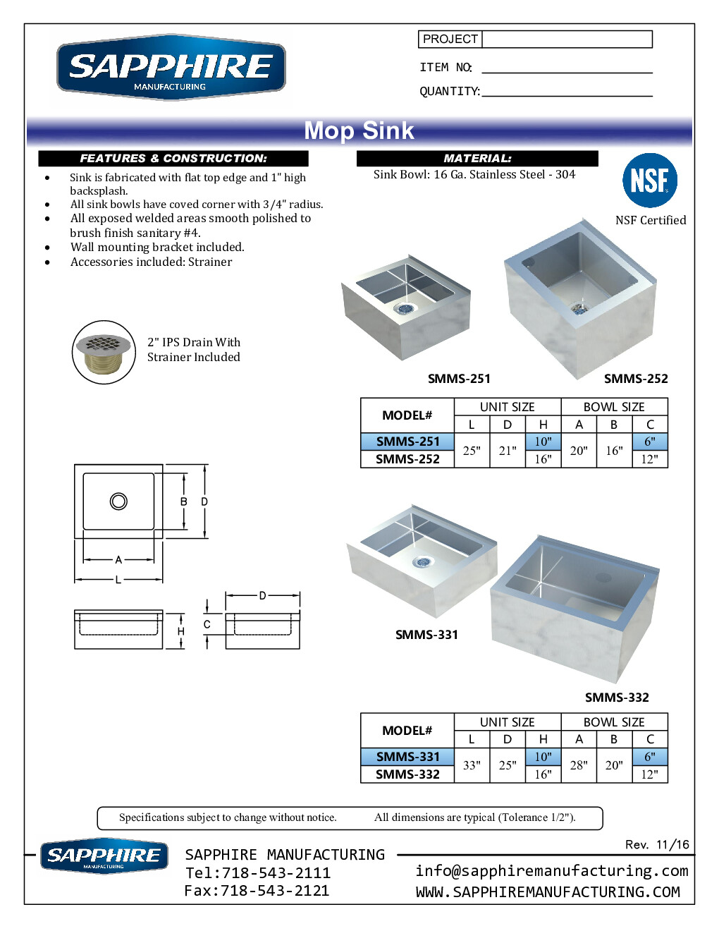 Sapphire Manufacturing SMMS-251 Mop Sink