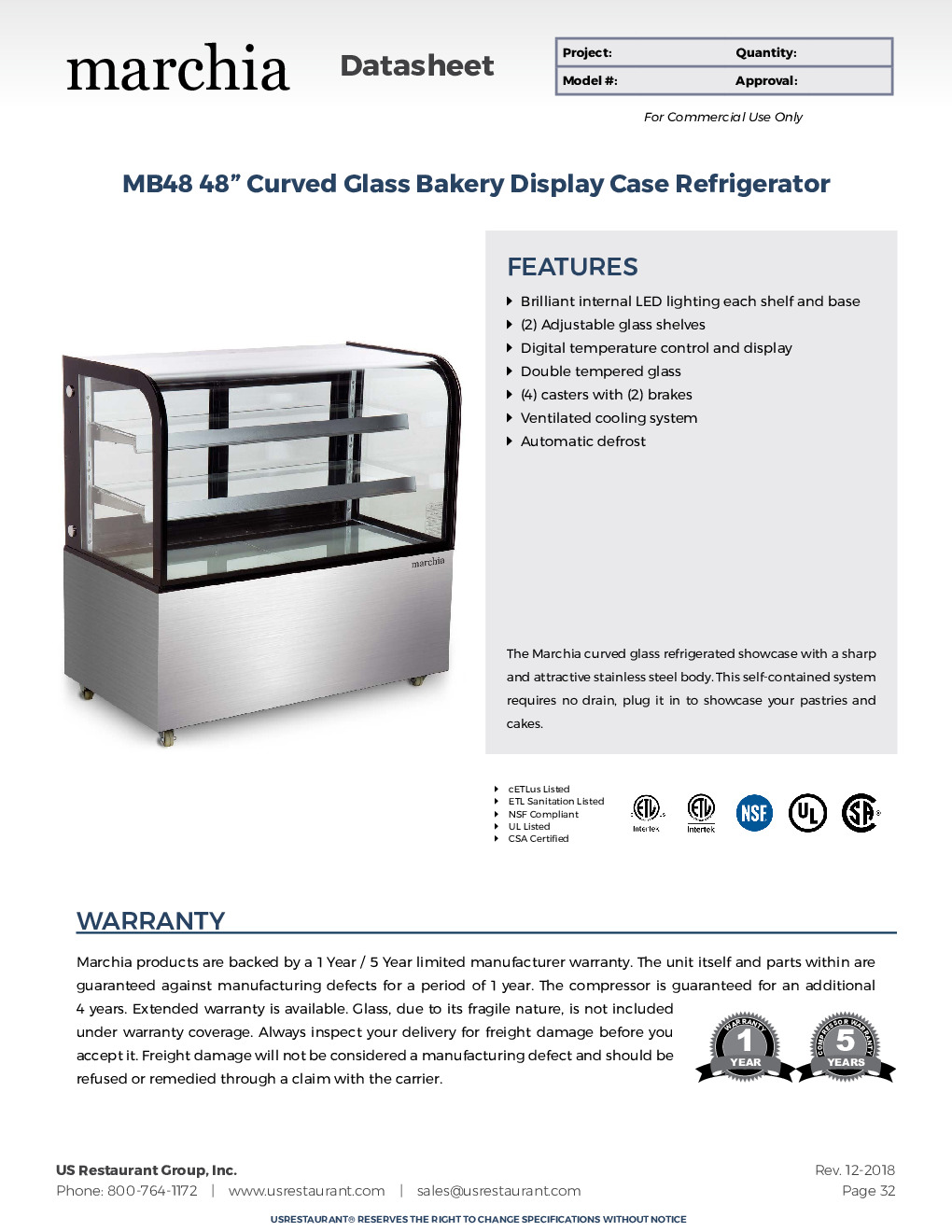 USR Brands MB48 Refrigerated Bakery Display Case