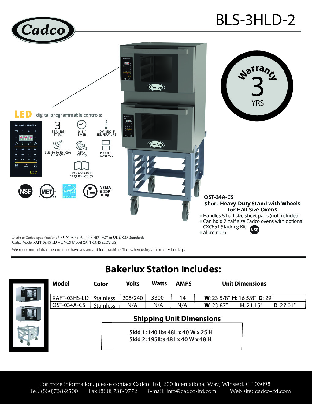 Cadco BLS-3HLD-2 Double-Deck Electric Convection Oven w/ Digital Touch Controls, Half-Size