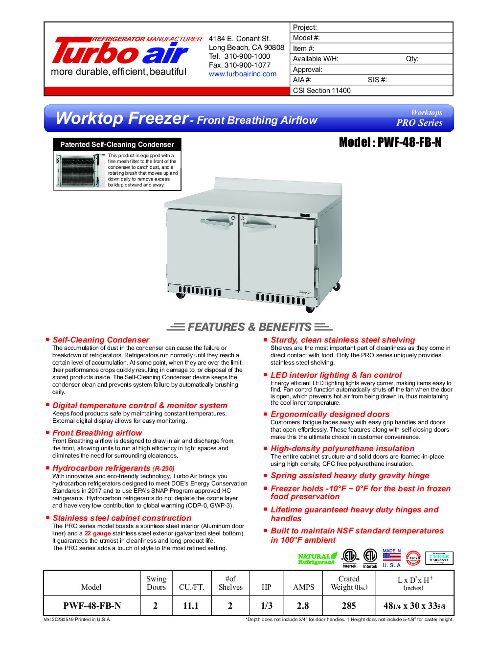 Turbo Air PWF-48-FB-N Work Top Freezer Counter