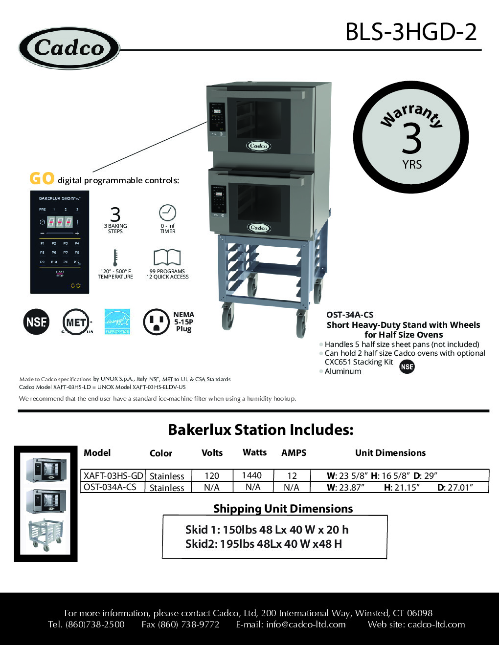 Cadco BLS-3HGD-2 Double-Deck Electric Convection Oven w/ Digital Touch Controls, Half-Size
