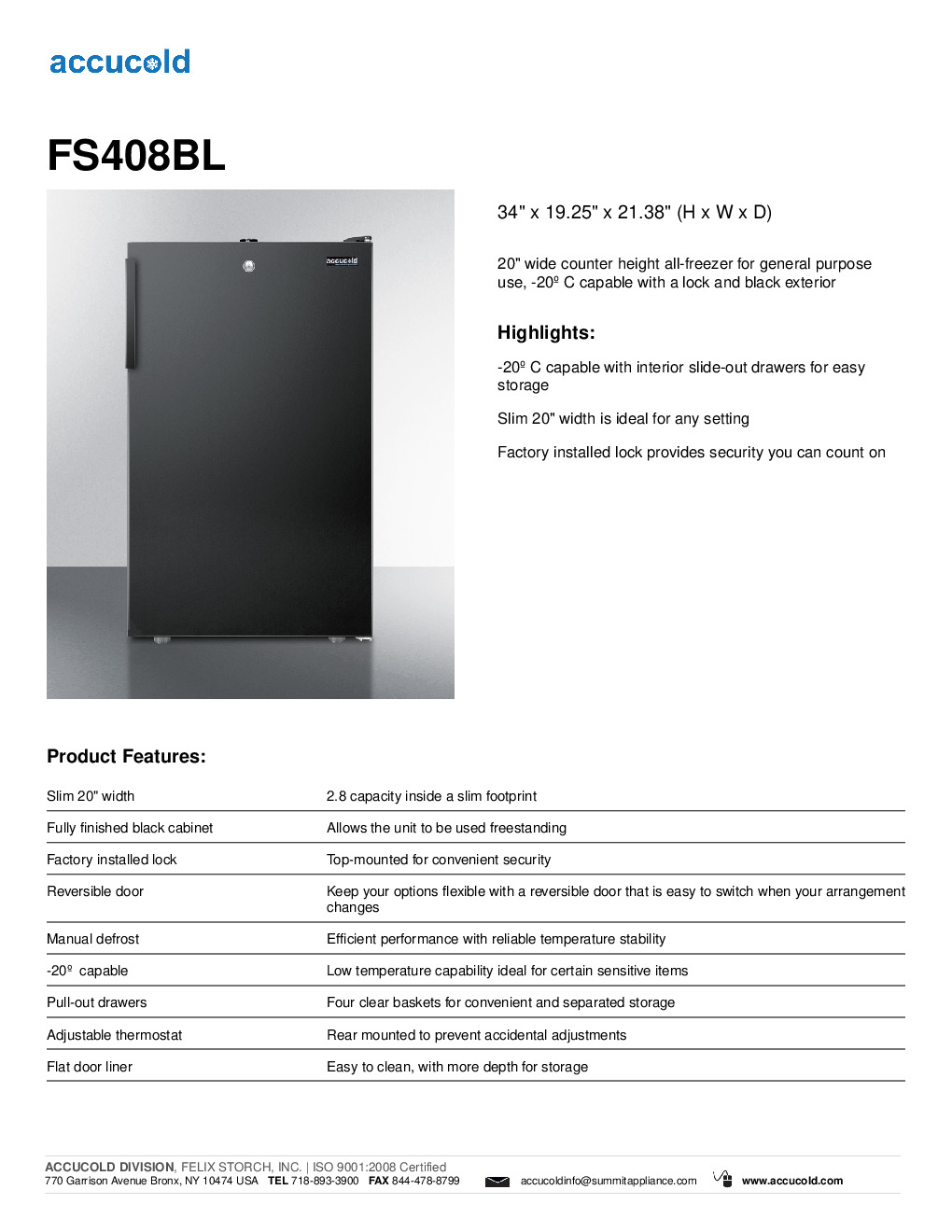 Summit FS408BL Reach-In Undercounter Freezer Discontinued