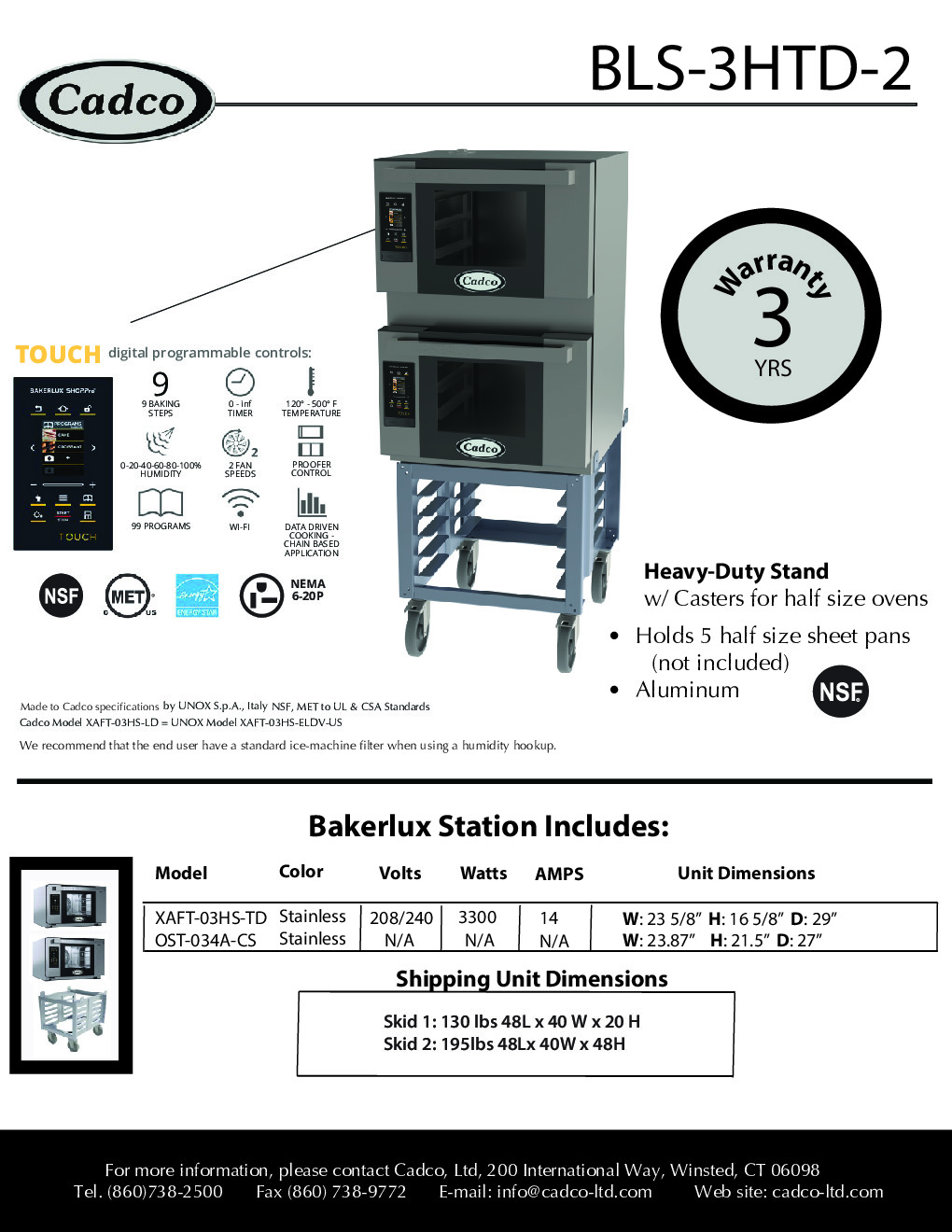 Cadco BLS-3HTD-2 Double-Deck Electric Convection Oven w/ Digital Touch Controls, Half-Size