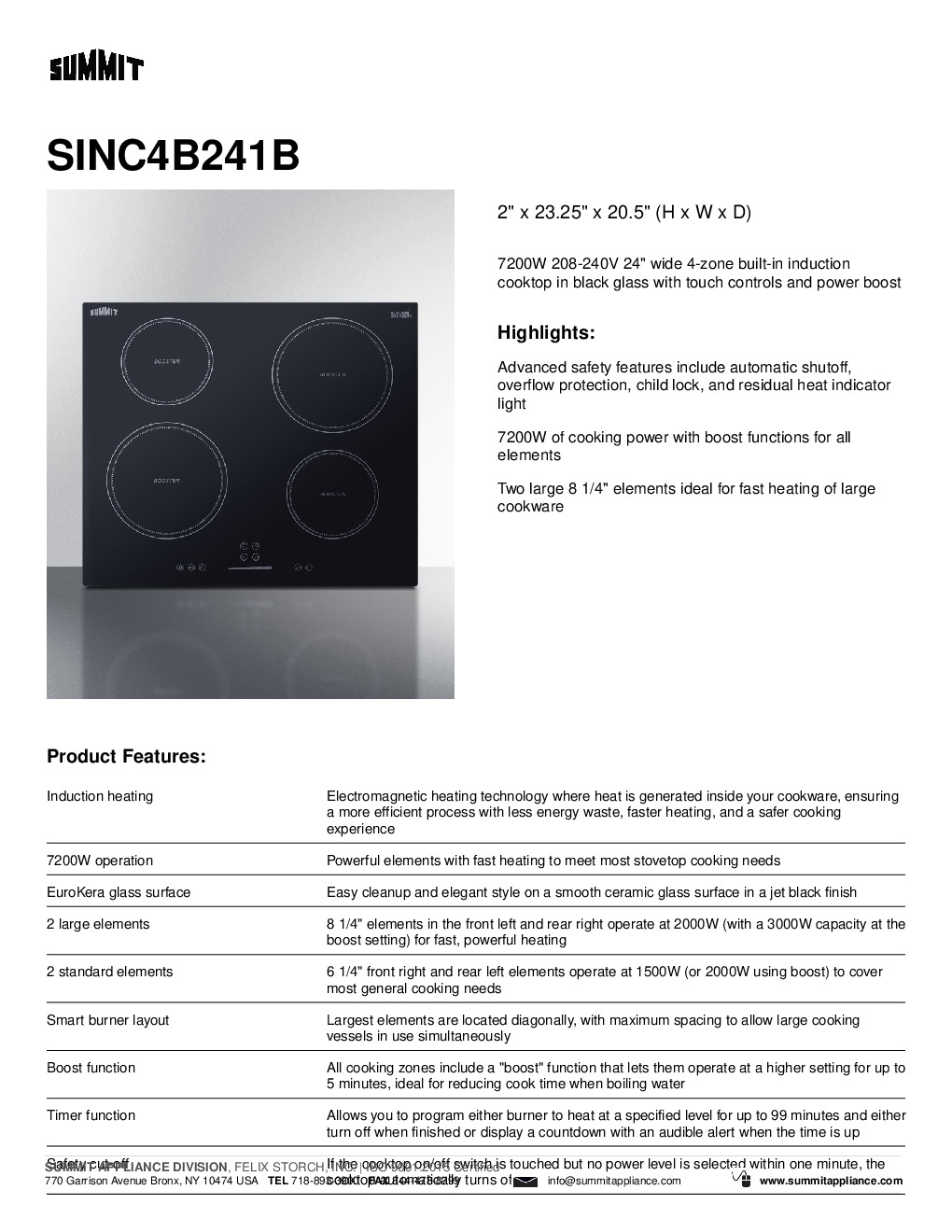 Summit SINC4B241B Built-In / Drop-In Induction Range