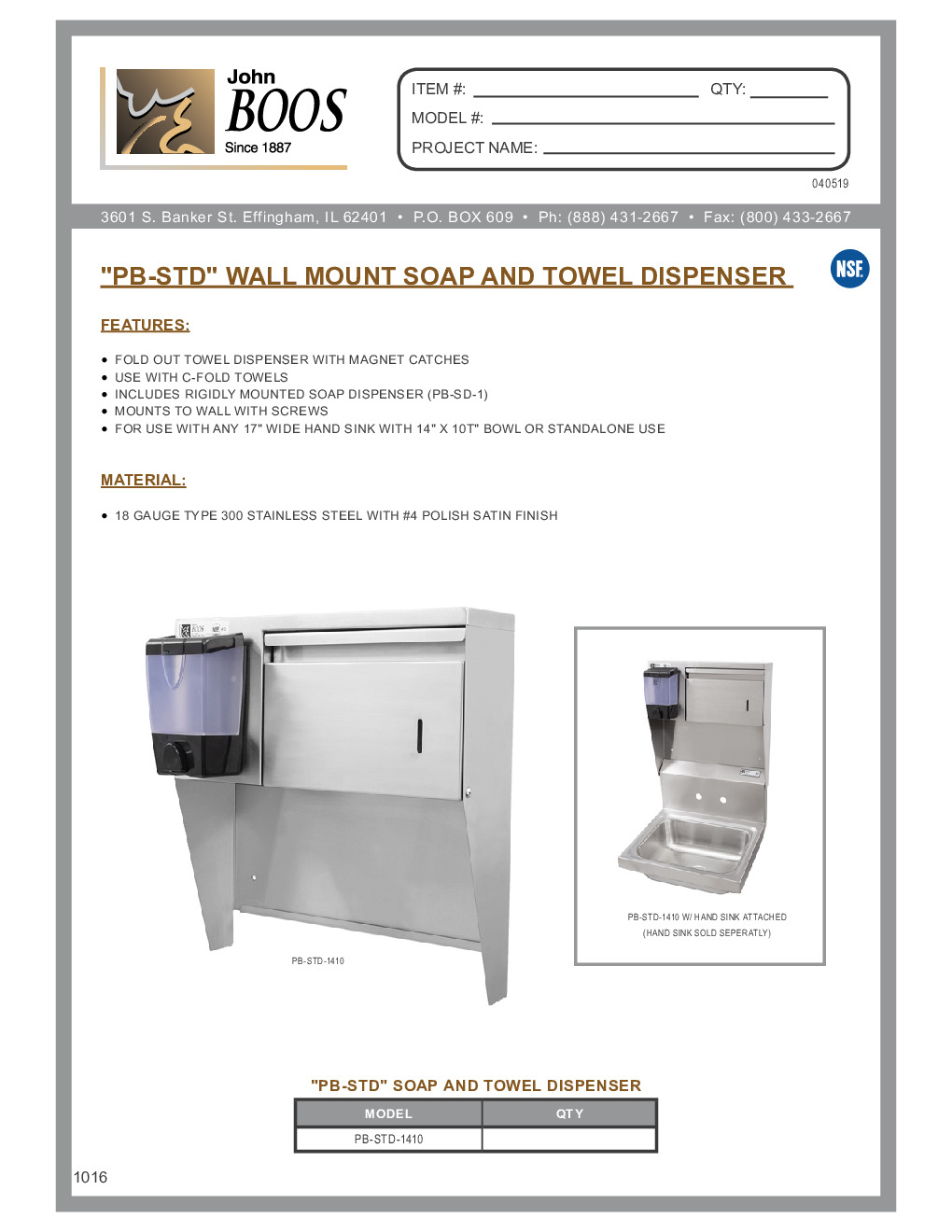 John Boos PB-STD-1410 Paper Towel Dispenser