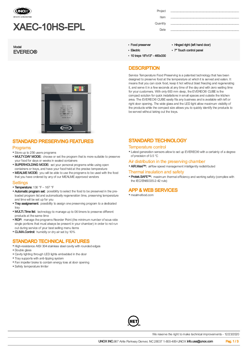 UNOX XAEC-10HS-EPL  Combi Oven/Food Preserver