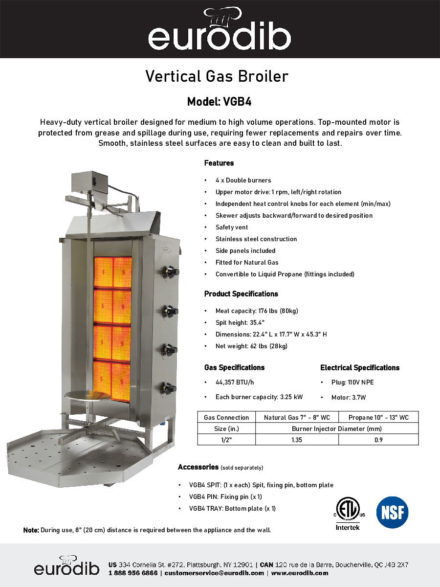 Eurodib USA VGB4 Gas Vertical Broiler (Gyro)