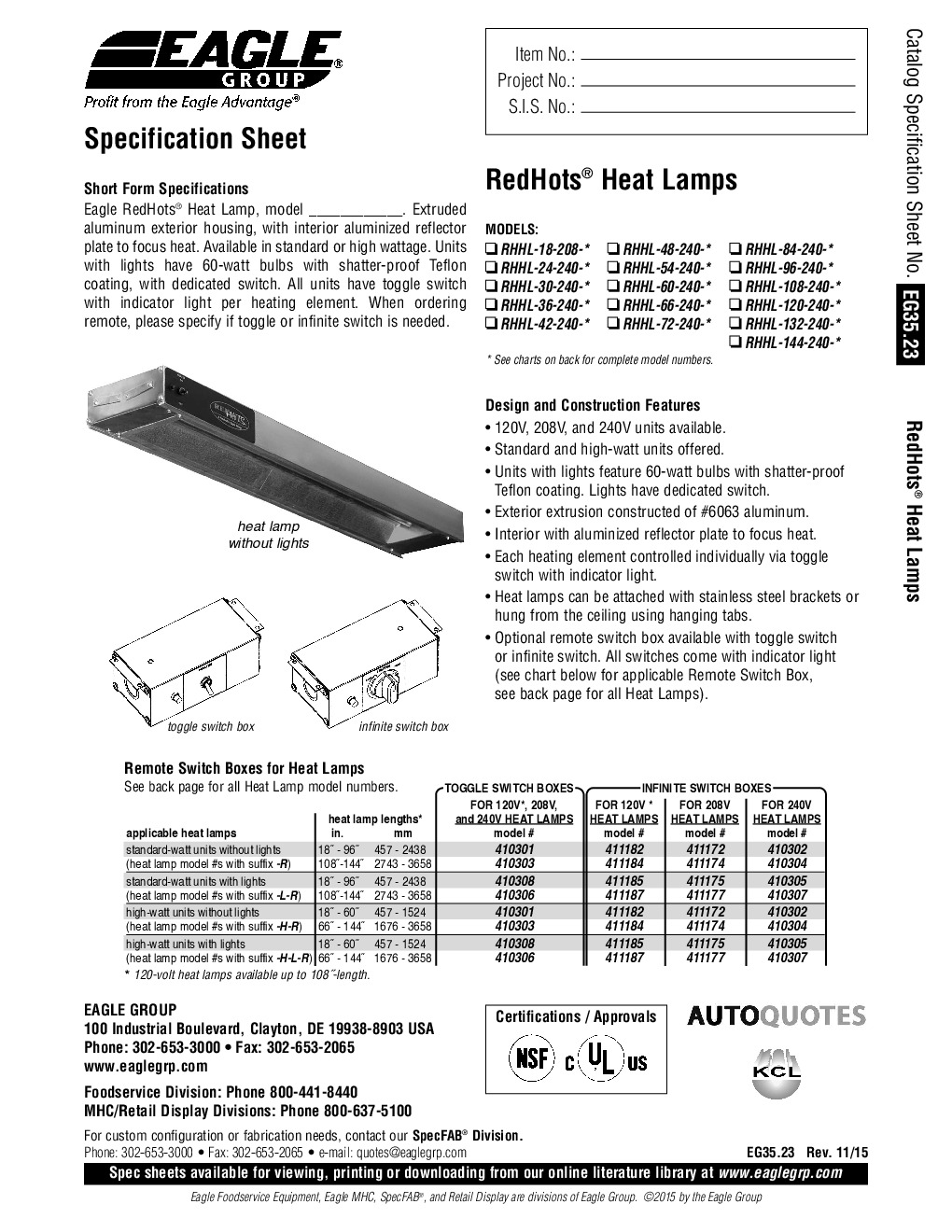 Eagle Group RHHL-18-208-HLR Strip Type Heat Lamp