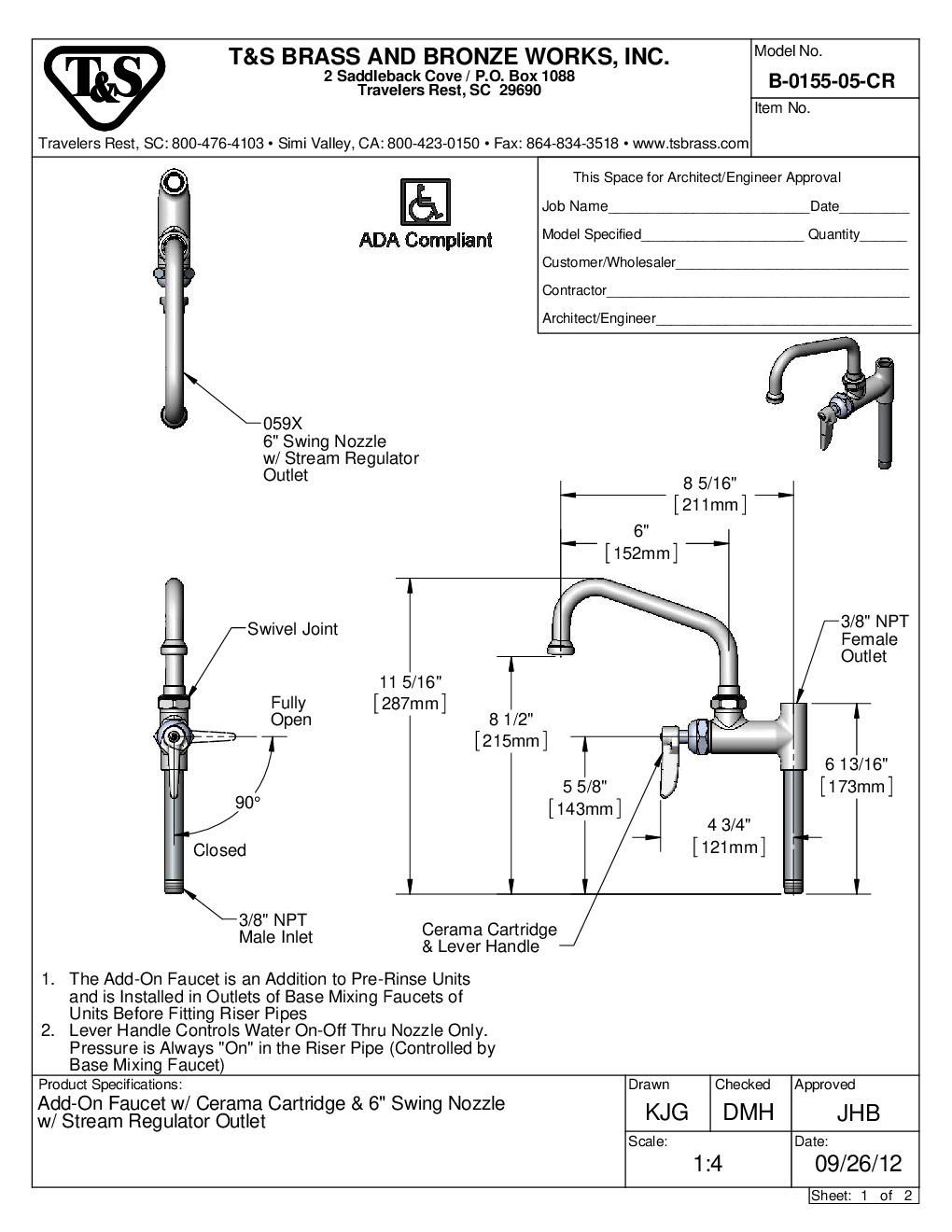 T&S Brass B-0155-05-CR Wall / Splash Mount Faucet