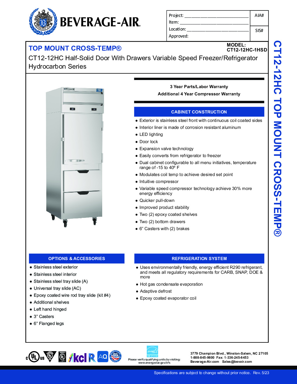 Beverage Air CT12-12HC-1HSD Convertible Refrigerator Freezer