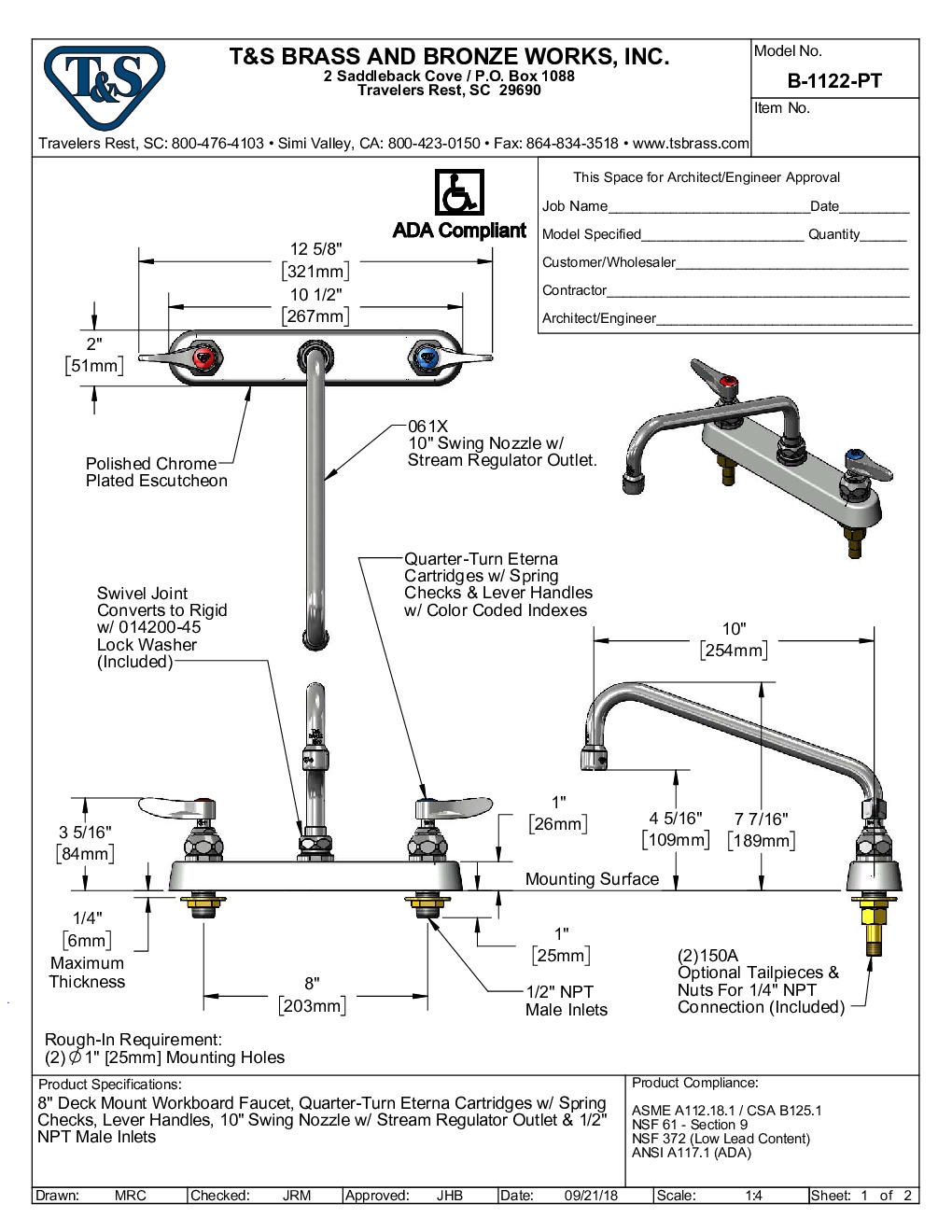 T&S Brass B-1122-PT Deck Mount Faucet