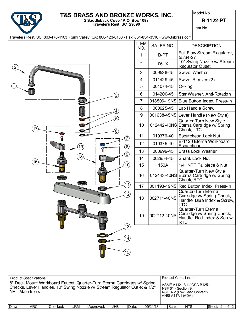 T&S Brass B-1122-PT Deck Mount Faucet