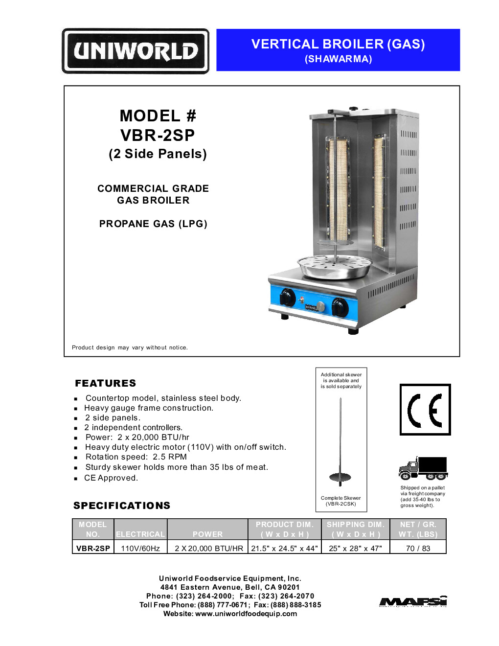 Uniworld VBR-2SP Gas Vertical Broiler (Gyro)
