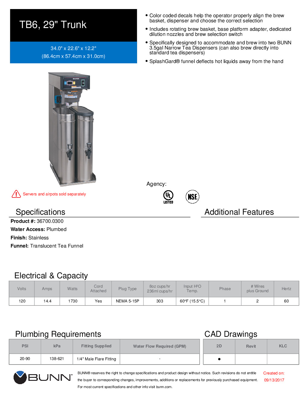 Bunn TB6 Twin 3 Gallon Iced Tea Brewer 36700.0300