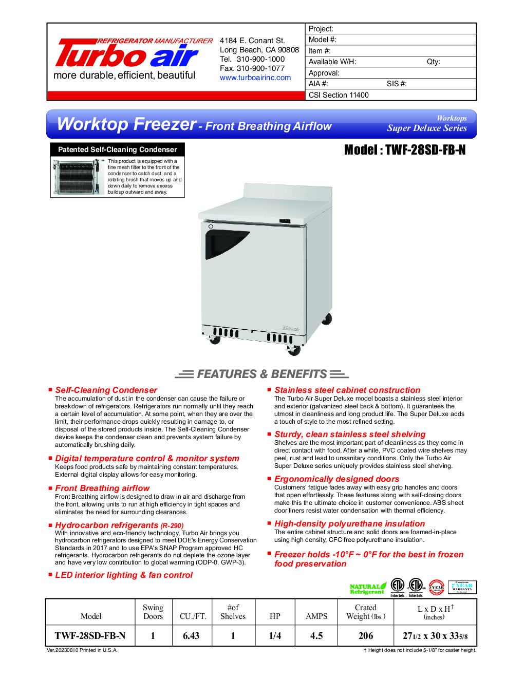 Turbo Air TWF-28SD-FB-N Work Top Freezer Counter