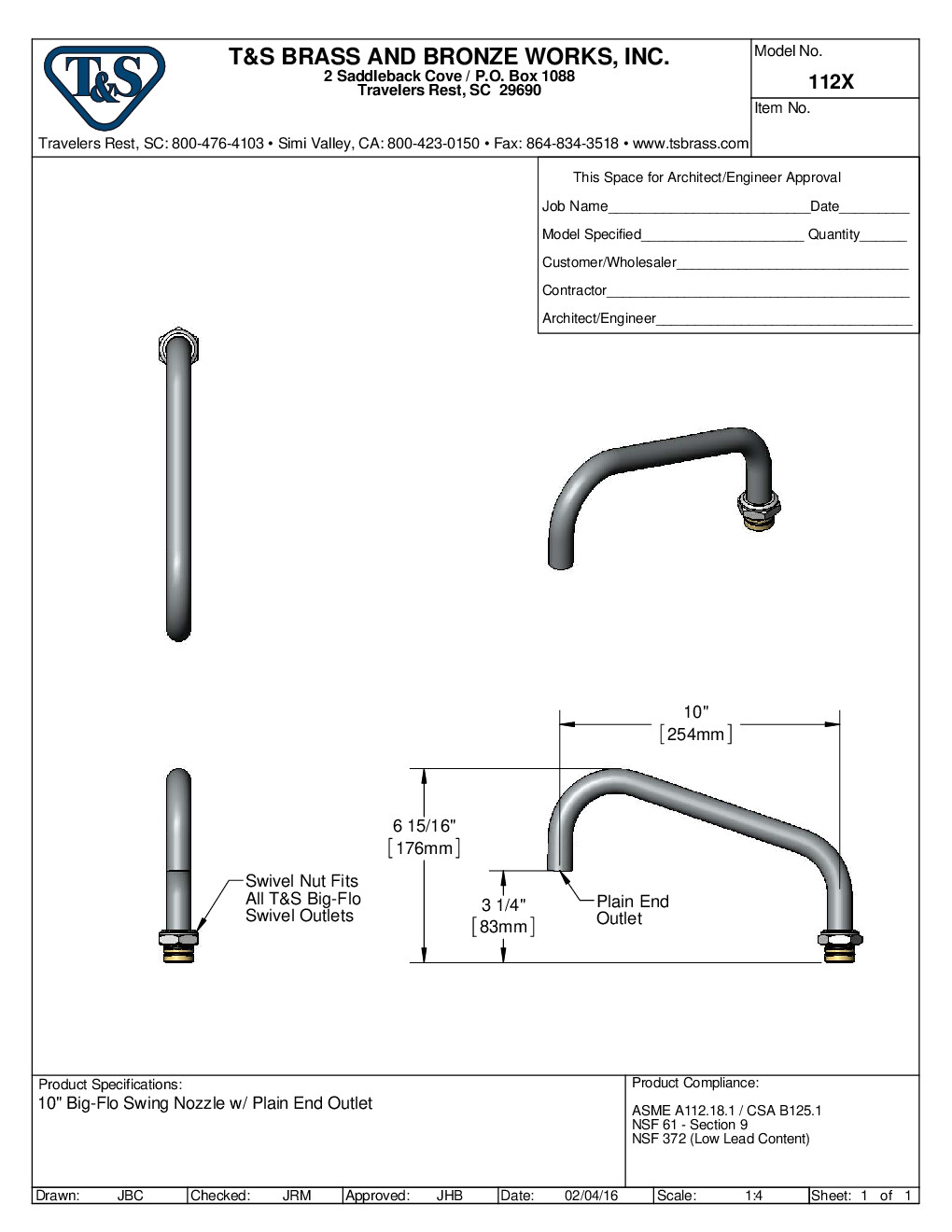 T&S Brass 112X Spout / Nozzle Faucet