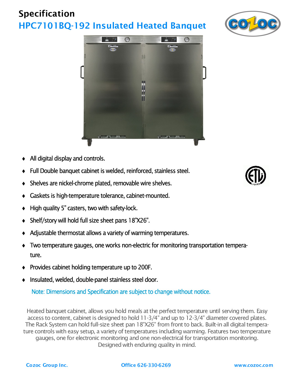 Cozoc HPC7101BQ-192 Half-Height Heated Holding Proofing Cabinet