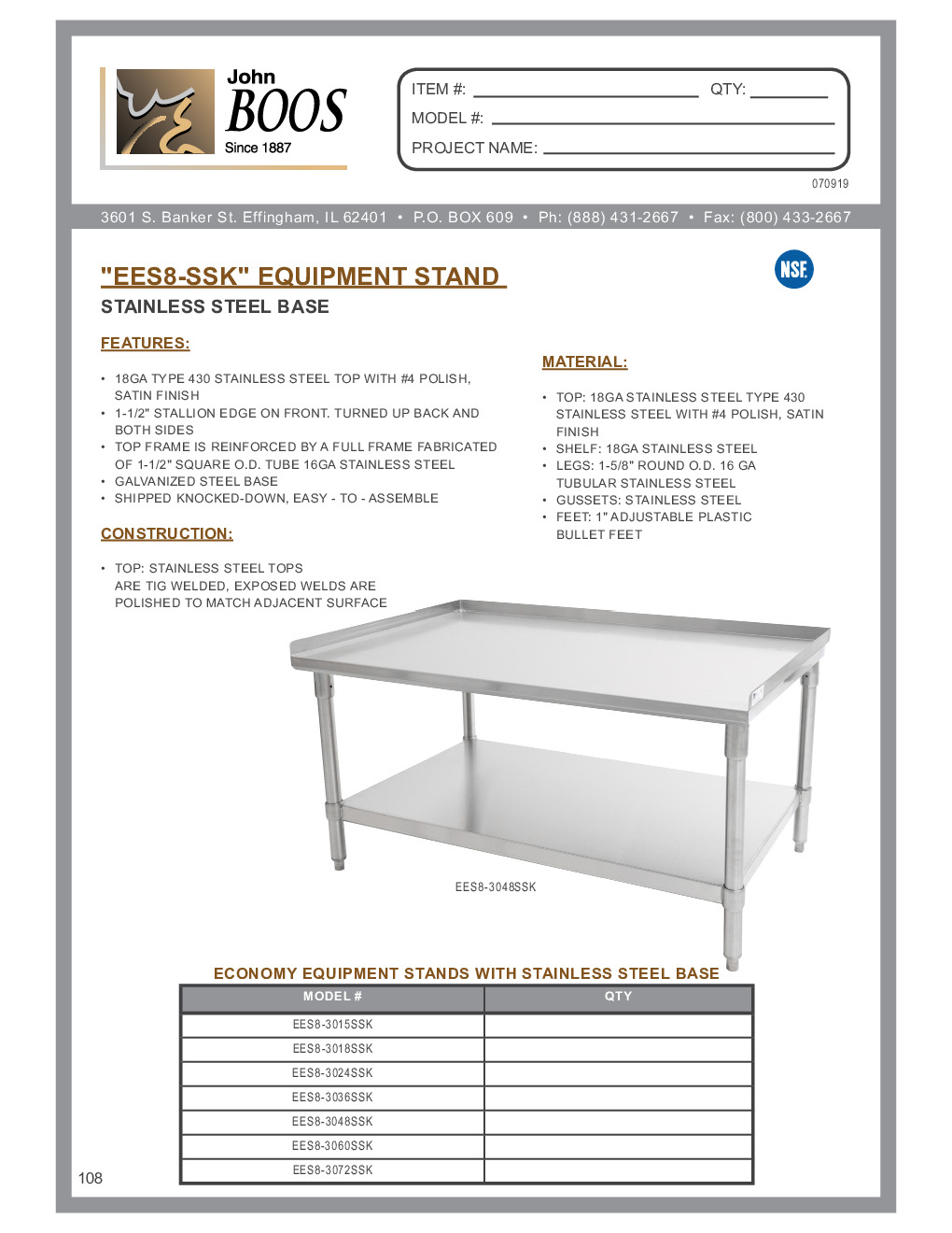 John Boos EES8-3060SSK for Countertop Cooking Equipment Stand