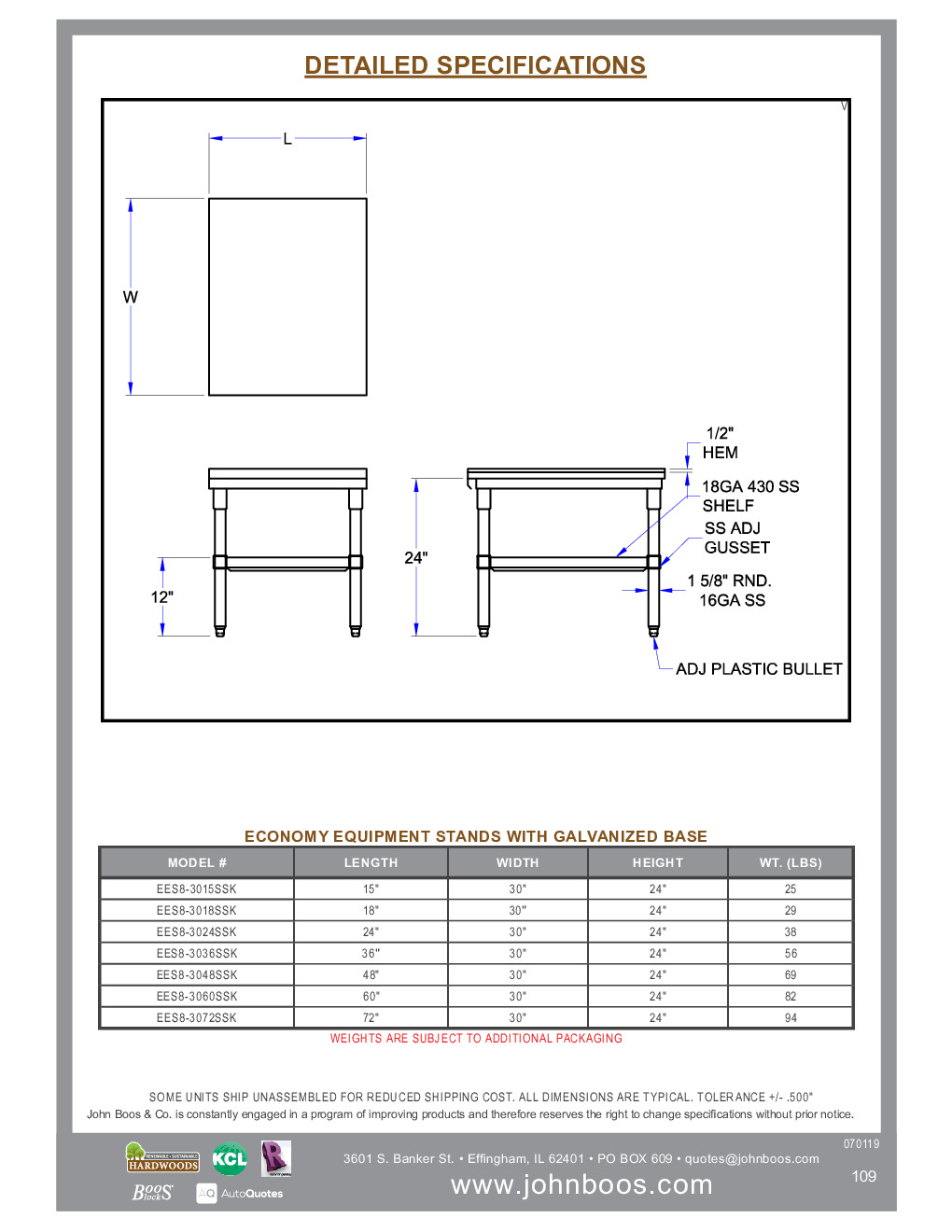 John Boos EES8-3024SSK for Countertop Cooking Equipment Stand