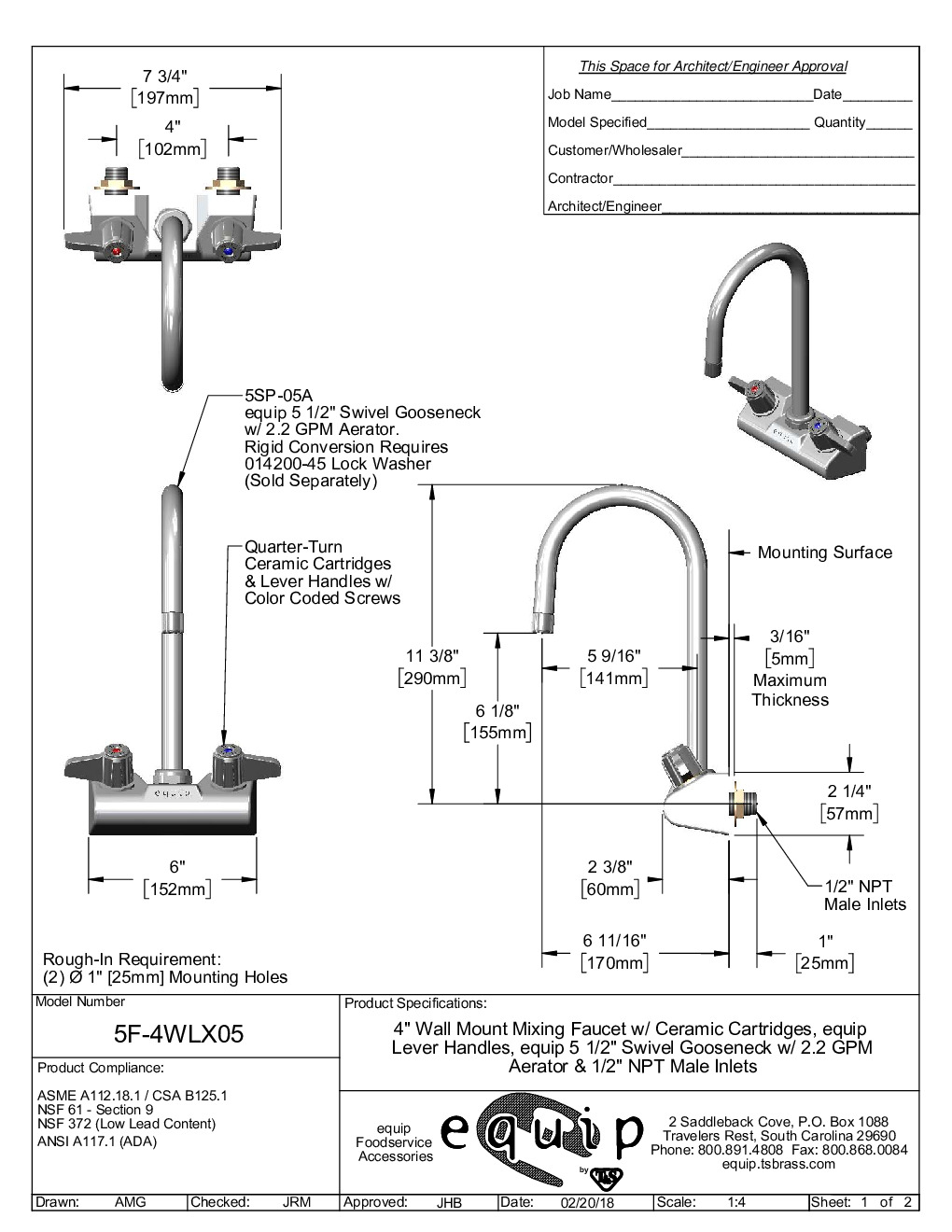 T&S Brass 5F-4WLX05 Wall / Splash Mount Faucet
