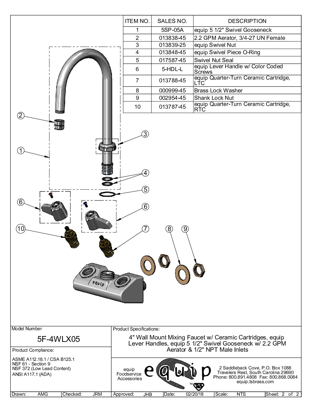 T&S Brass 5F-4WLX05 Wall / Splash Mount Faucet