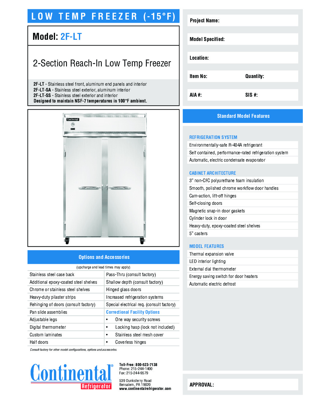 Continental Refrigerator 2F-LT-SS Reach-In Low Temperature Freezer