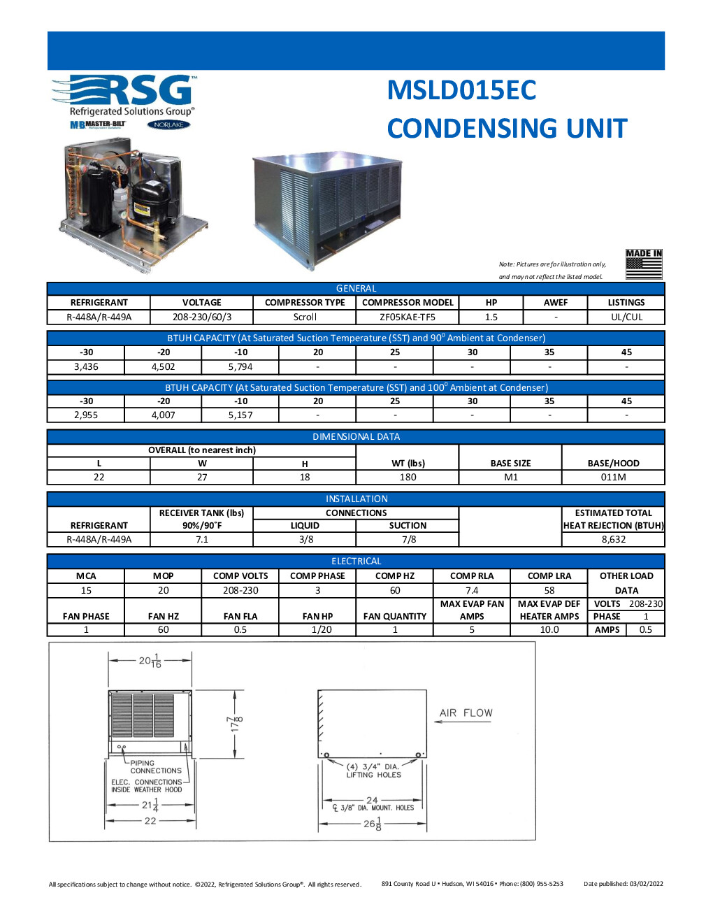 Master-Bilt MSLD015EC Remote Low Temp Scroll Condensing Unit, 1-1/2 HP, 208-230v/60/3-ph