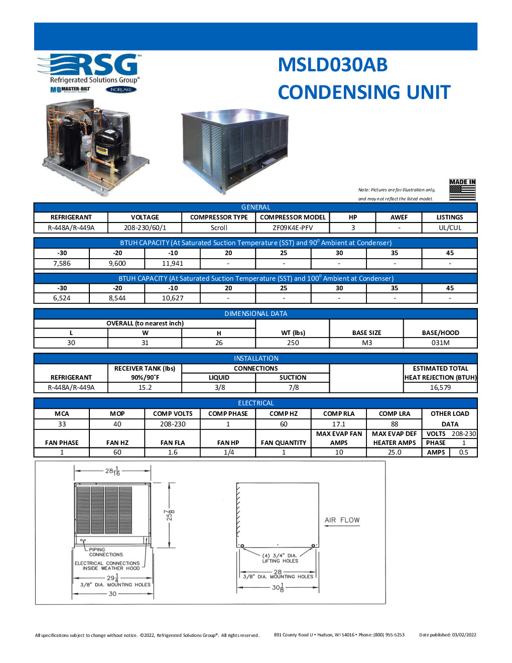 Master-Bilt MSLD030AB Remote Low Temp Scroll Condensing Unit, 3 HP, 208-230v/60/1-ph, 8544 BTU