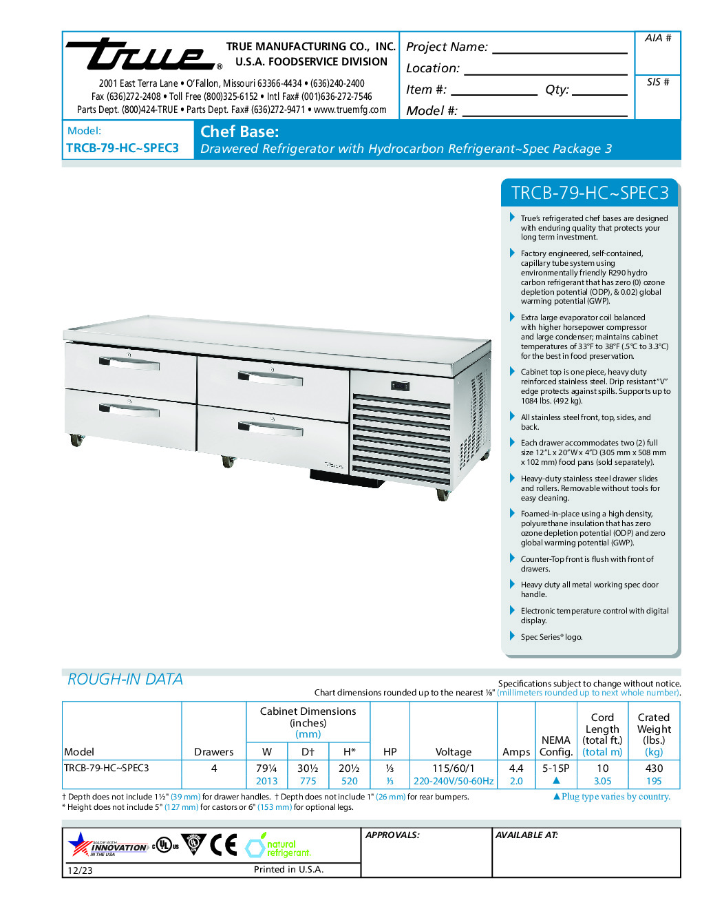 True TRCB-79-HC~SPEC3 Refrigerated Base Equipment Stand