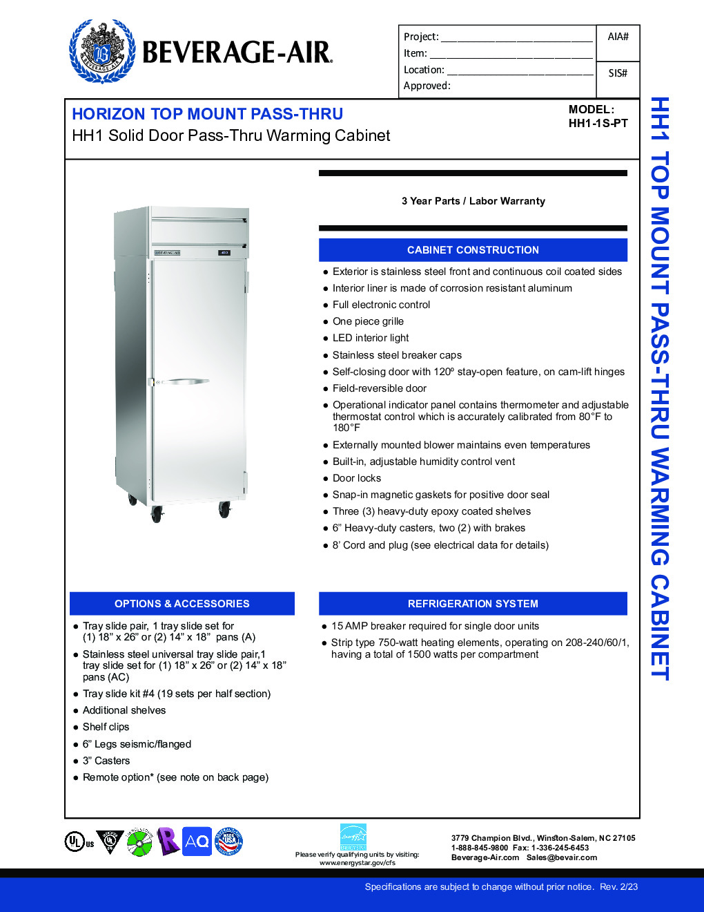 Beverage Air HH1-1S-PT Pass-Thru Heated Cabinet