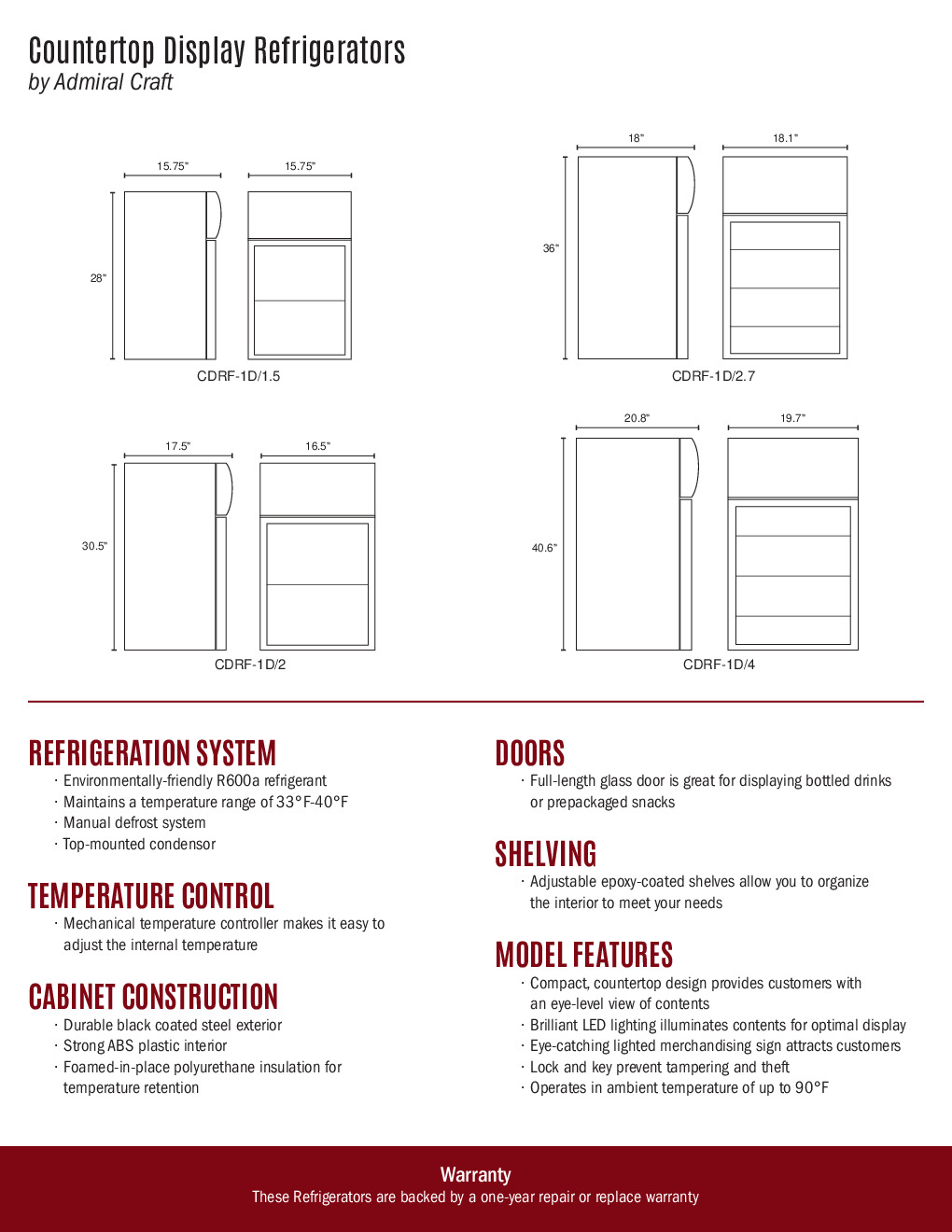 Adcraft CDRF-1D/1.5 Countertop Merchandiser Refrigerator