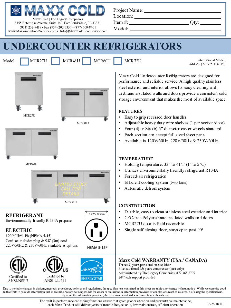 Maxximum MCR72U Reach-In Undercounter Refrigerator