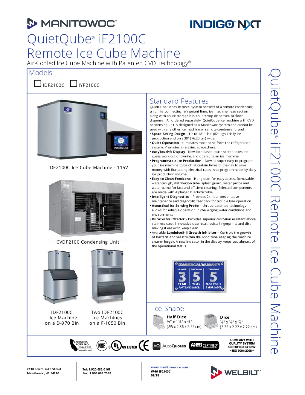 Manitowoc QuietQube IYF2100C Cube Ice Maker w/ 1811 lbs/Day, Air-Cooled, Half-Dice Size