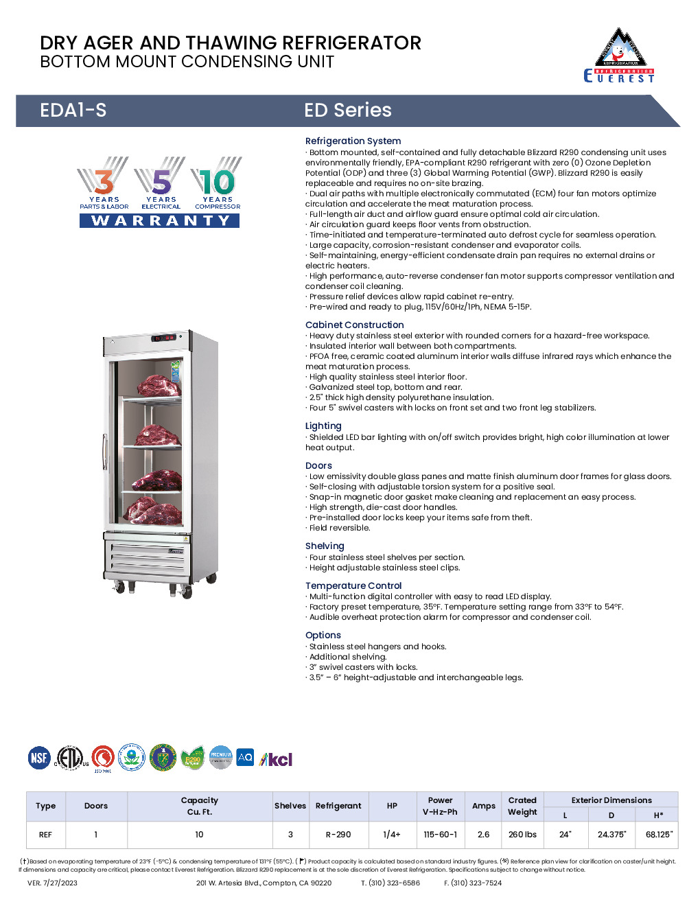 Everest Refrigeration EDA1-S Dry Aging & Thawing Cabinet with One-Section (1) Glass Hinged Self-Closing Field Reversible Door, (3) Stainless Steel Shelves 3/4hp 115v/60/1ph