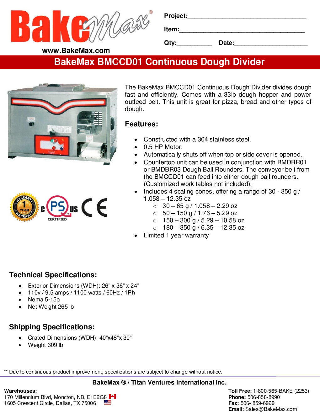 BakeMax BMCCD01 Countertop Automatic Dough Divider, 33 ıbs. Dough Hopper 1.058  to 12.35 oz Portions 1/2 hp