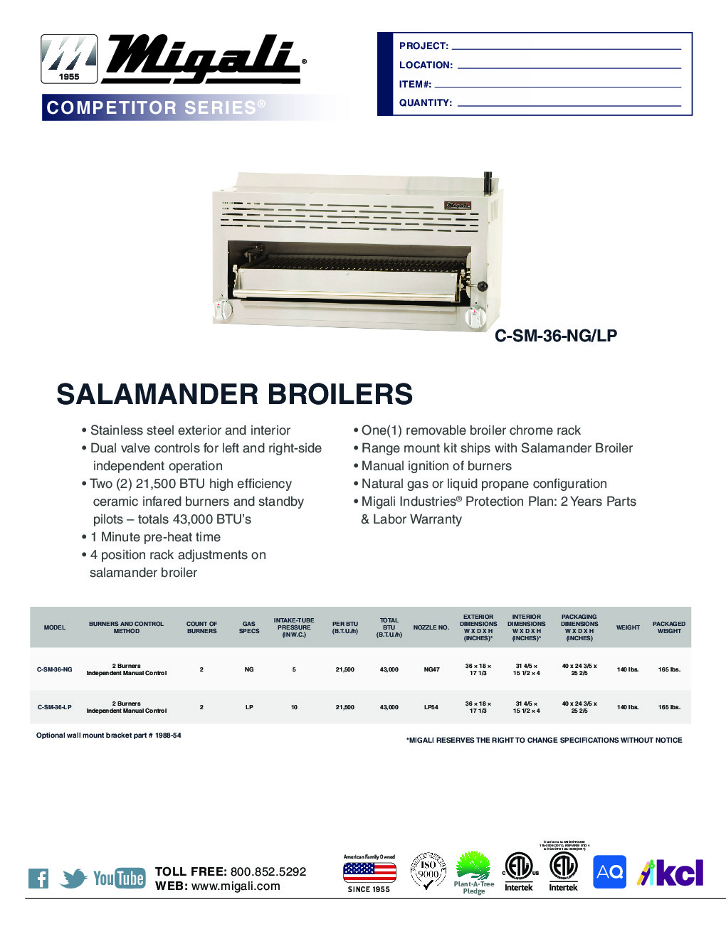 Migali C-SM-36-LP Gas Salamander Broiler