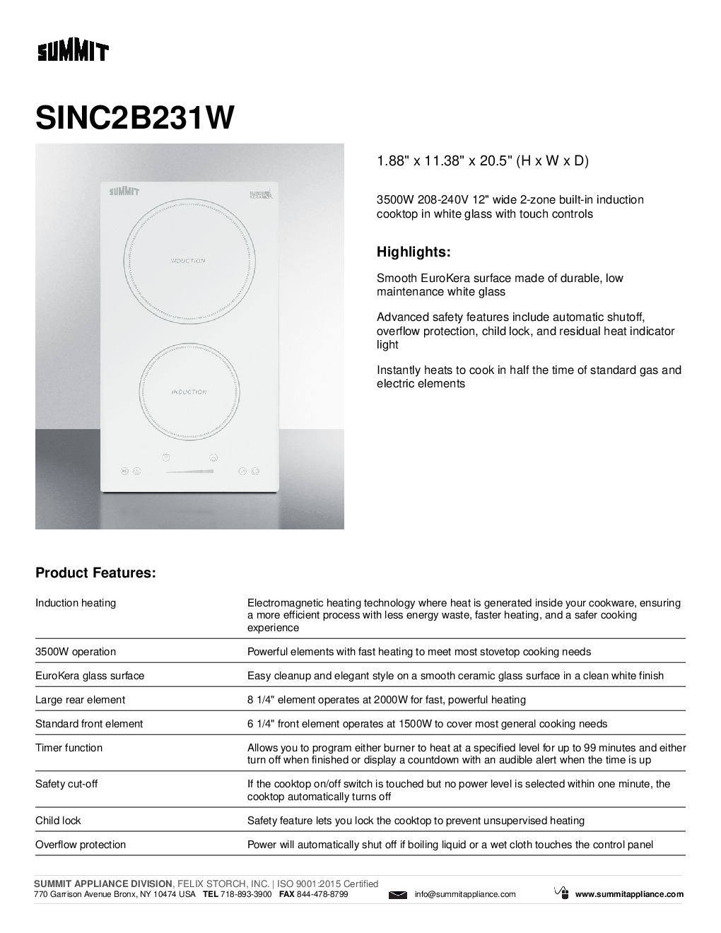 Summit SINC2B231W Built-In / Drop-In Induction Range