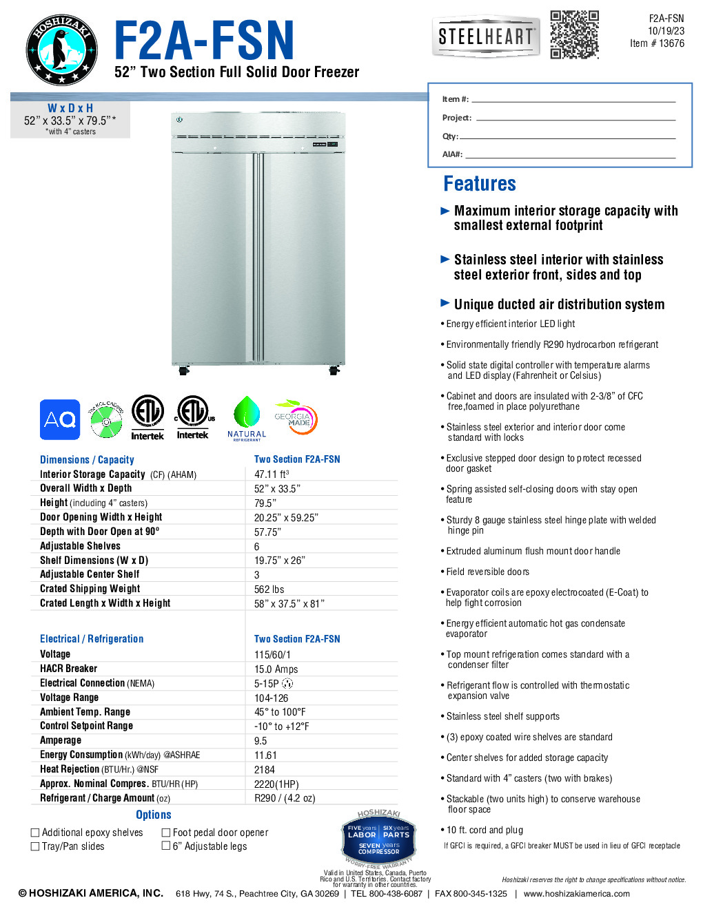 Hoshizaki F2A-FSN Reach-In Freezer