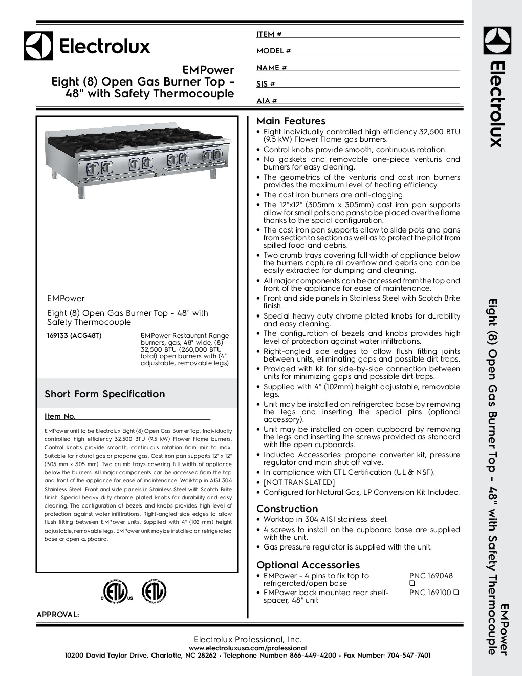 Electrolux 169133 Gas Countertop Hotplate