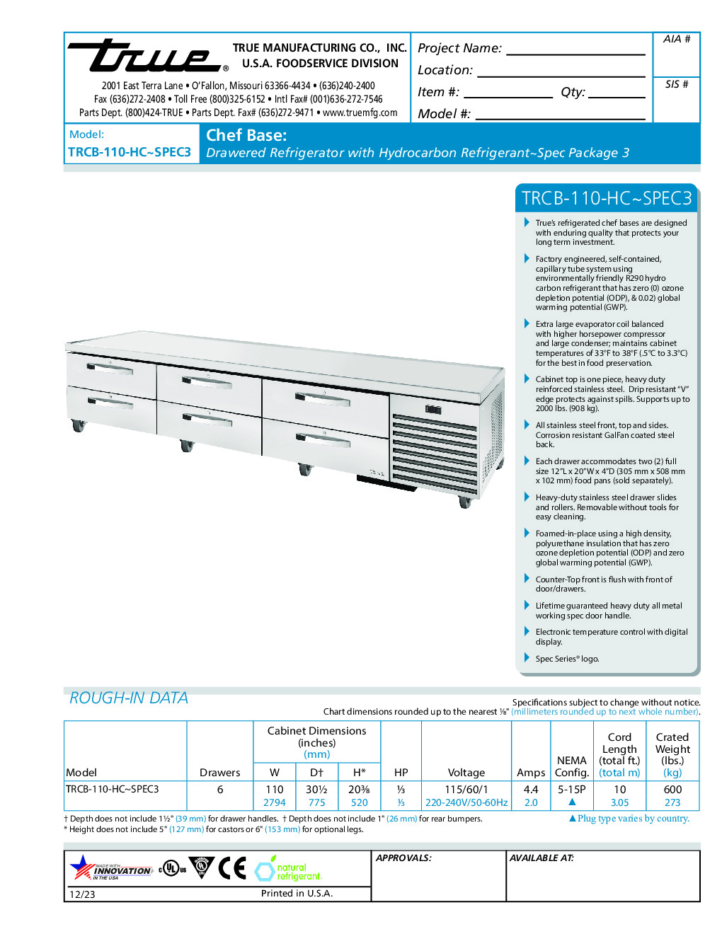 True TRCB-110-HC~SPEC3 Refrigerated Base Equipment Stand