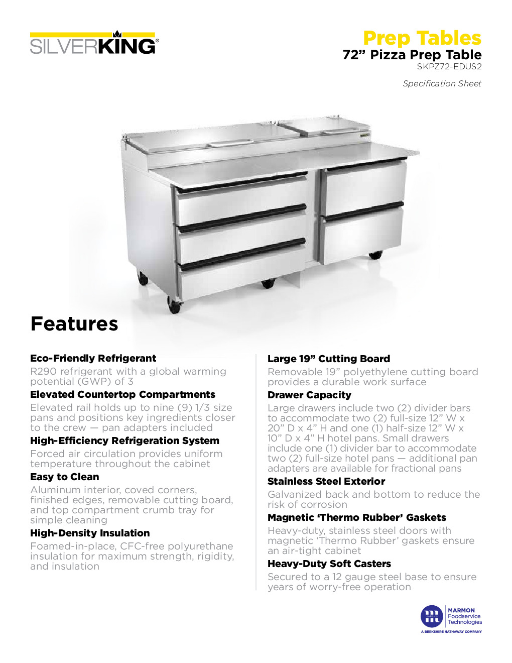 Silver King SKPZ72-EDUS2 Pizza Prep Table Refrigerated Counter