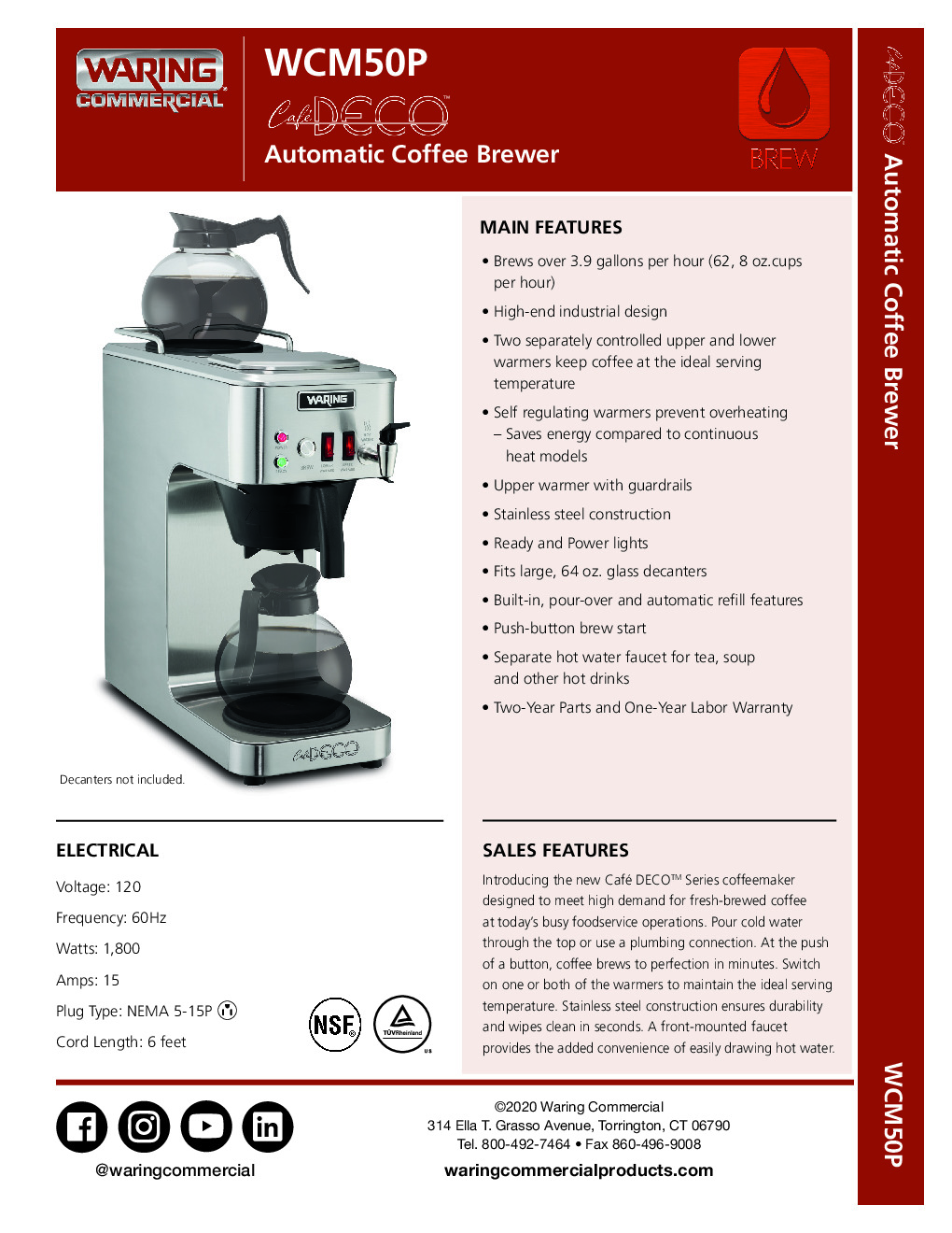 Waring WCM50P Coffee Brewer for Decanters
