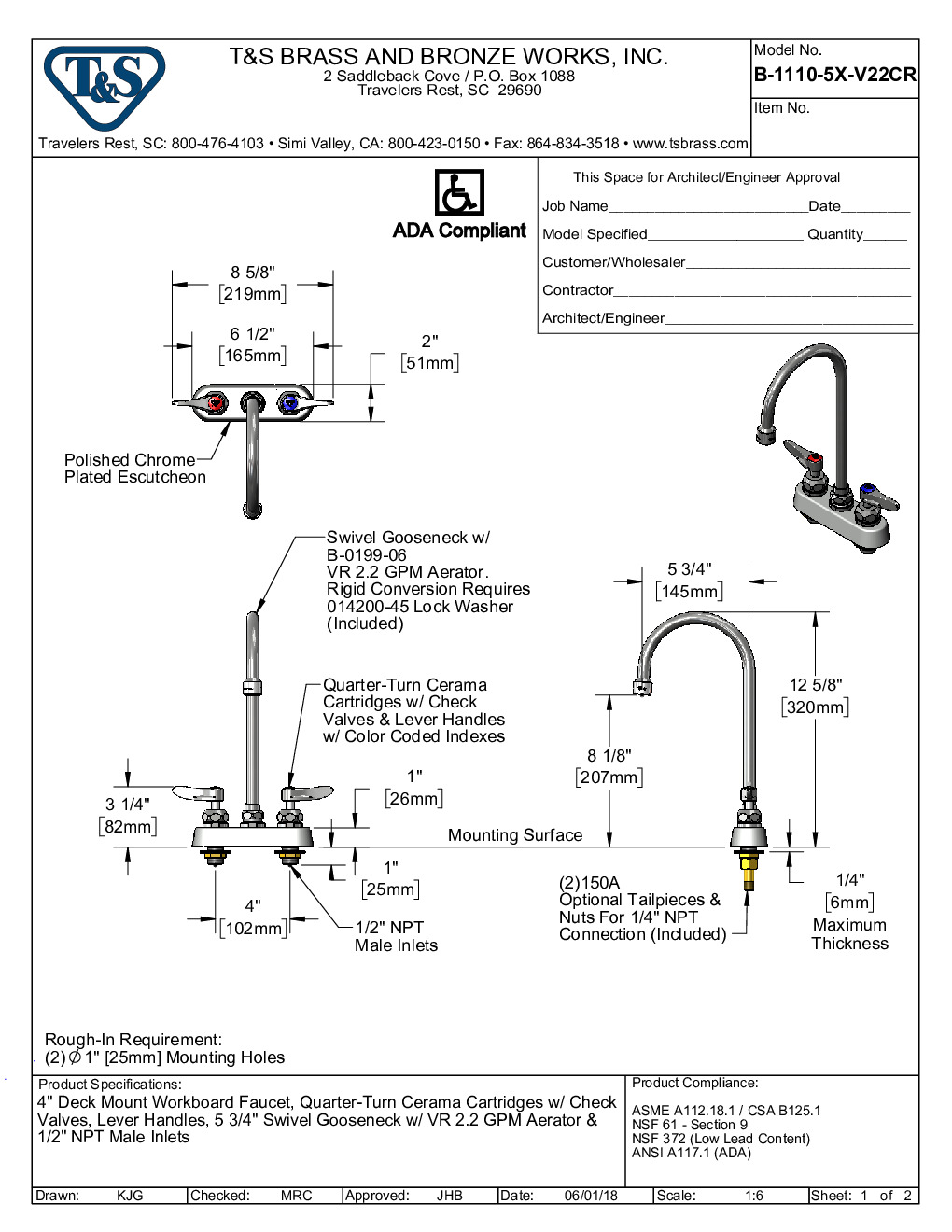 T&S Brass B-1110-5X-V22CR Deck Mount Faucet