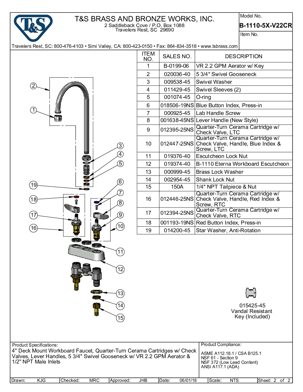 T&S Brass B-1110-5X-V22CR Deck Mount Faucet