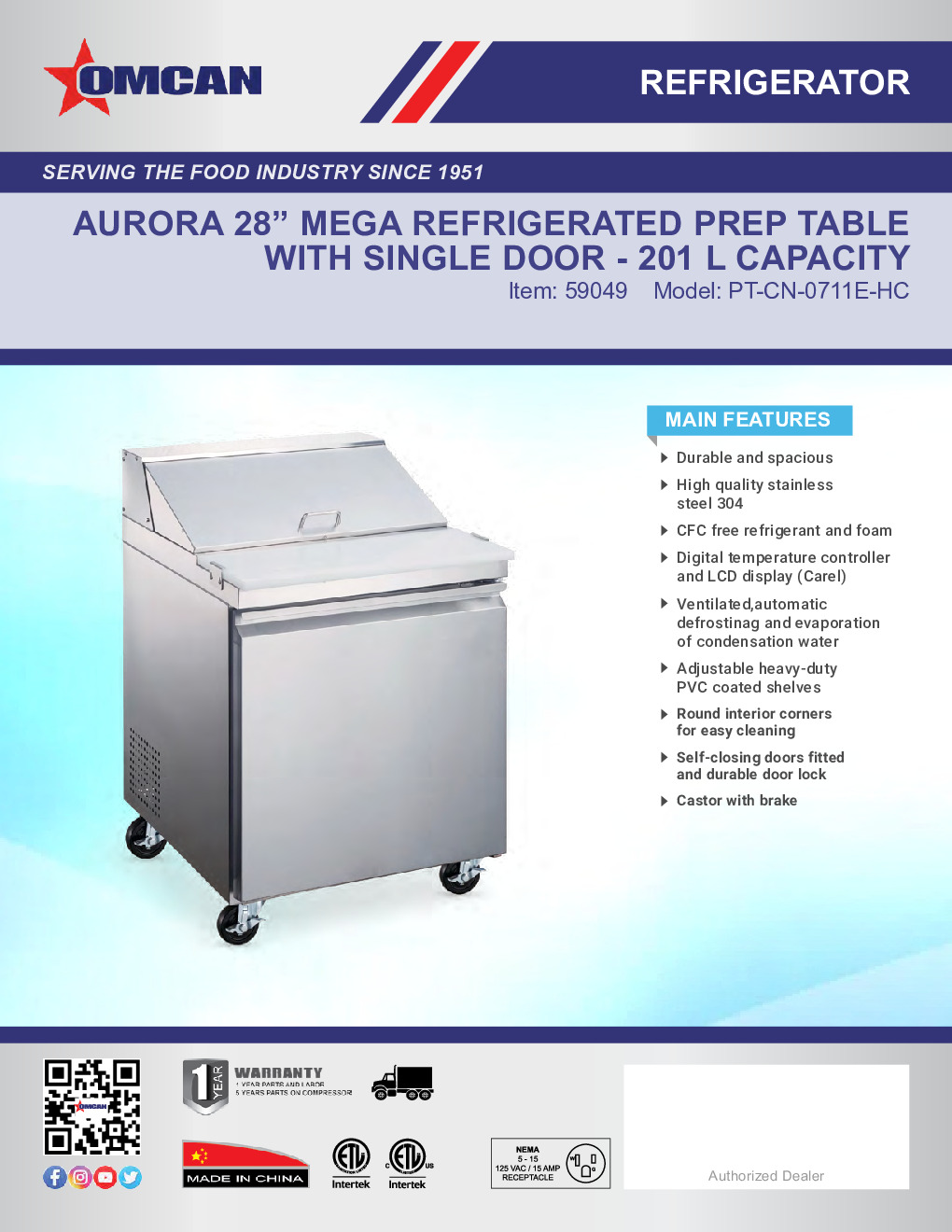 Omcan USA 59049 1-Section Mega Top Refrigerated Prep Table w/ 1 Door, 7.1 Cu Ft, 9 Pans